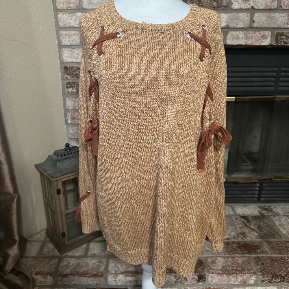 Francesca's Tan Sweater with Lace-Up Accents